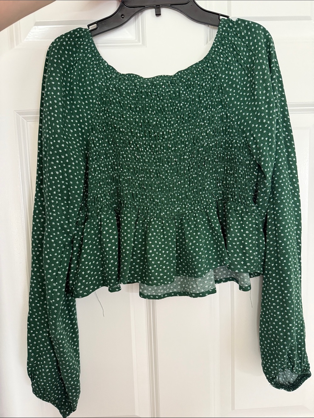 La Hearts Forest Green Smocked V-Neck Peasant Blouse - Picture 3 of 3